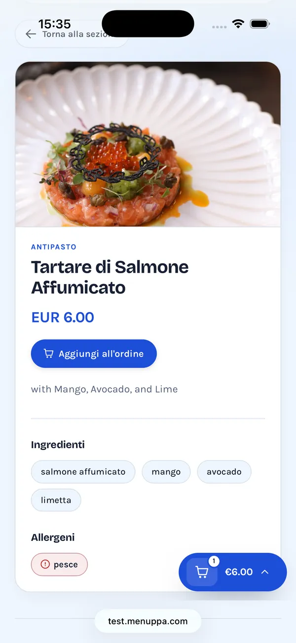 Dettaglio di un piatto con ingredienti, allergeni e quantità