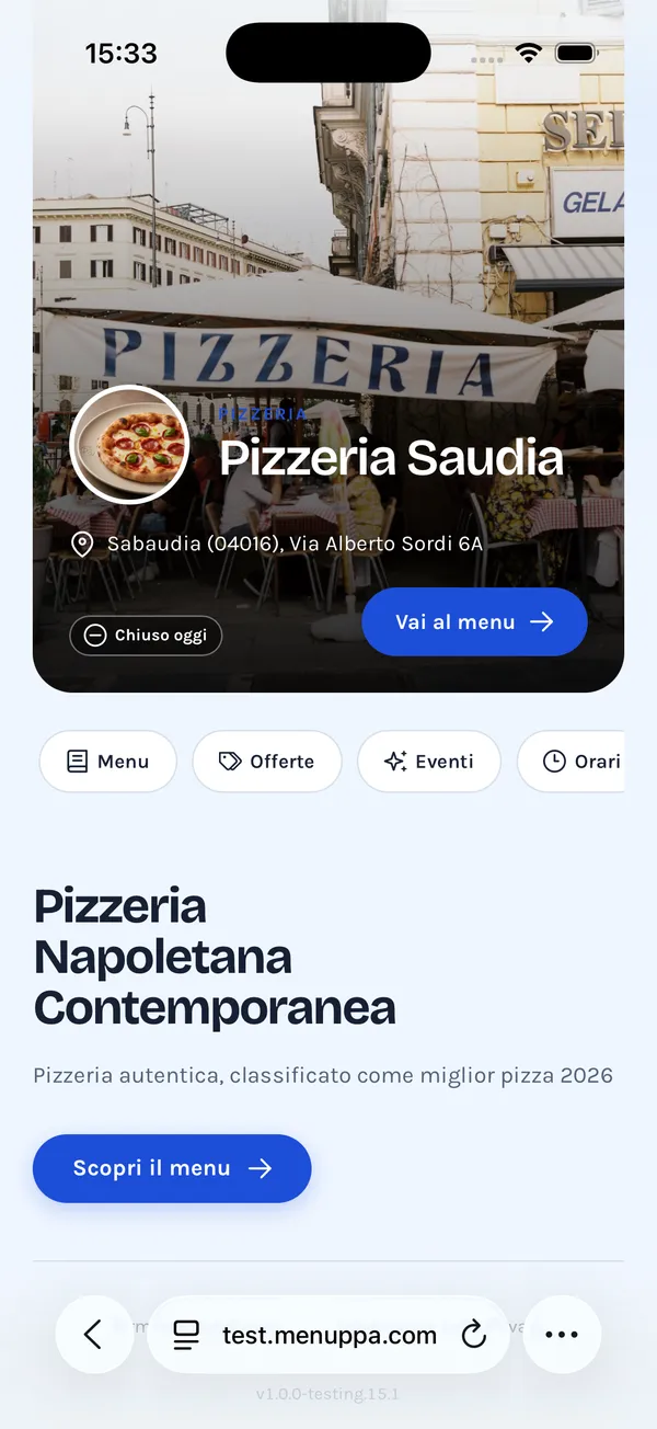 Home del ristorante Pizzeria Saudia con foto, indirizzo e pulsante Vai al menu