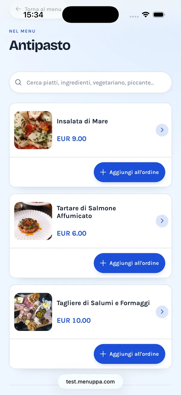 Categoria Antipasto con piatti, prezzi in euro e pulsante Aggiungi all’ordine